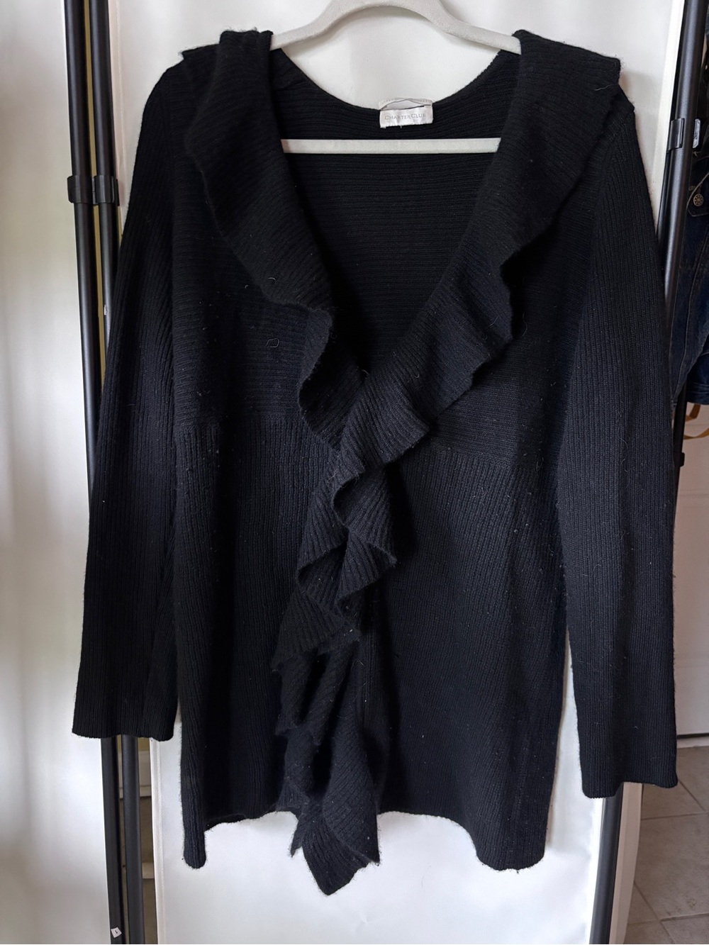 Charter Club 100% Cashmere Black Ruffle-Front Open Cardigan